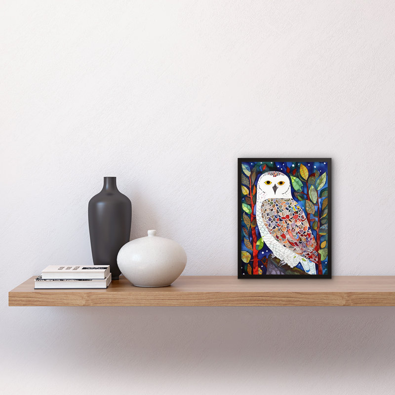 Snowy Owl Between Tree Branches Folk Art Artwork Framed Wall Art Print 9X7 Inch
