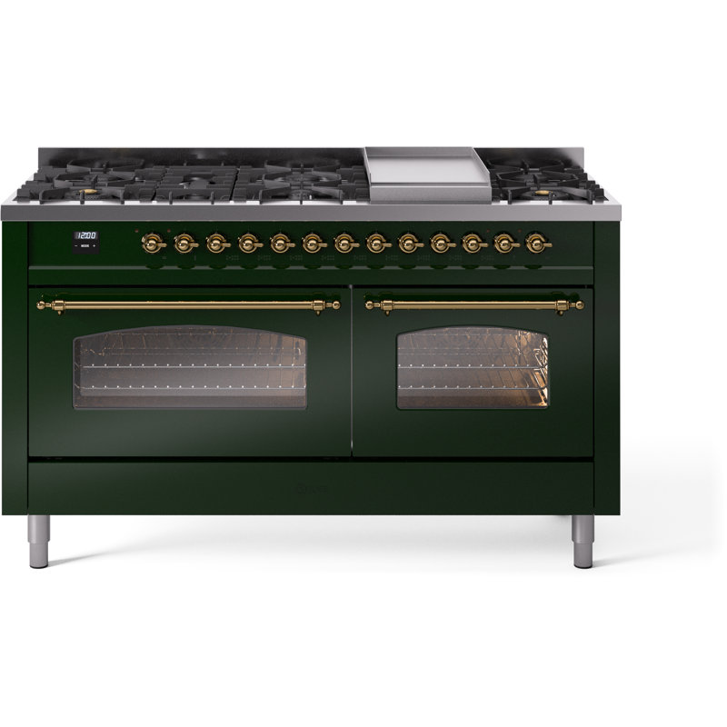 ILVE Nostalgie II 60 Dual Fuel Range, 9 Burners, Griddle, Natural Gas, Emerald Green/Brass