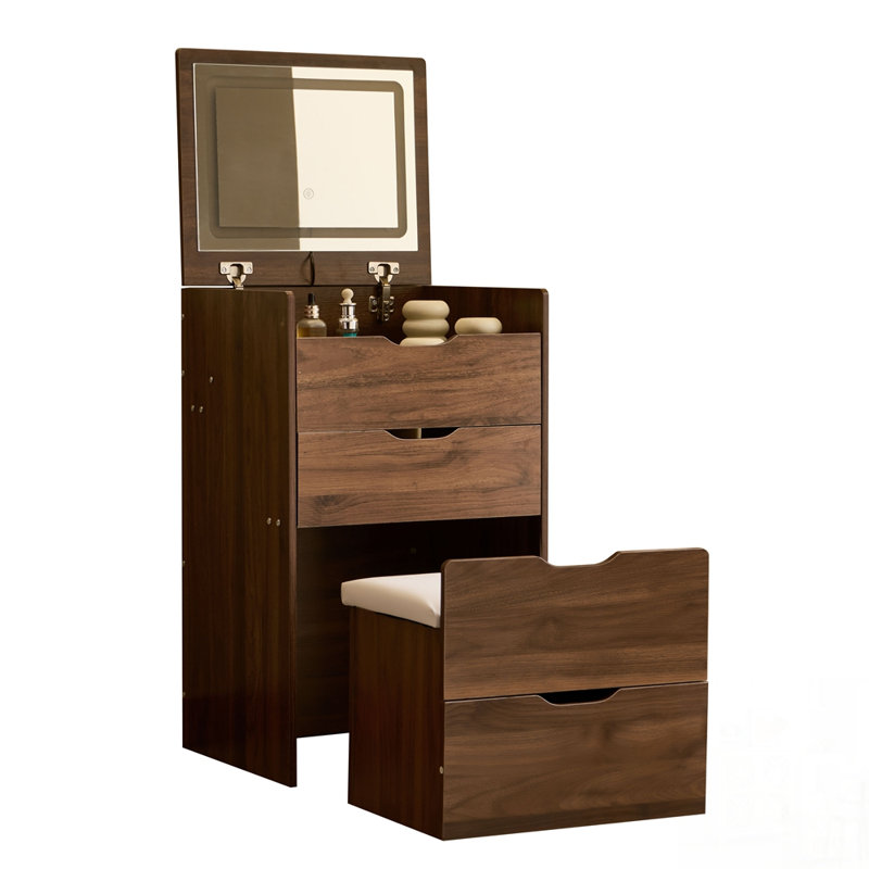 Christenia 3-in-1 Vanity Desk with Glass Top, LED Mirror & Upholstered Stool, Walnut