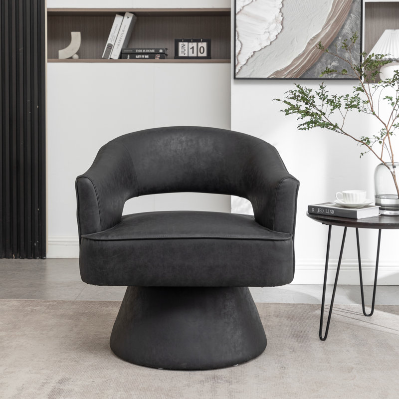 Kiersten Faux Leather Swivel Barrel Chair, Black Faux Leather, 1
