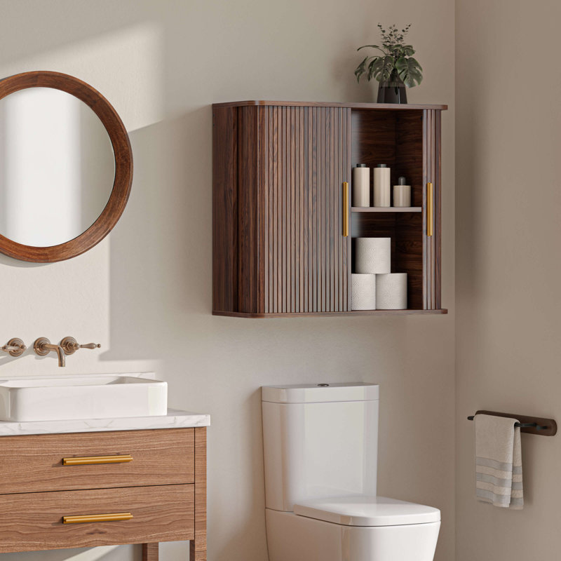 Wall Cabinet with Fluted Sliding Door, Oak, 27.5" H x 29.5" W x 8.6" D