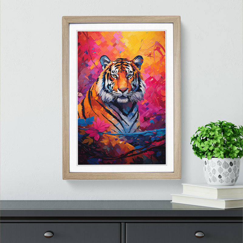 XYZ-FRM-V1223-6169 Tiger Colour Field - Single Picture Frame Rectangle Print on Wood, Oak , 34cm H x 25cm W x 2cm D
