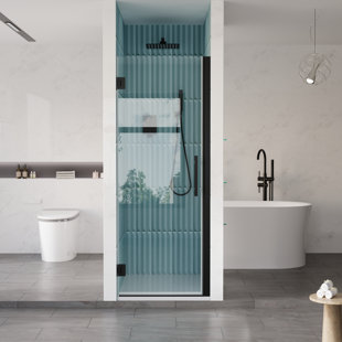 27-28 in.W x 72 in.H Hinged Frameless Shower Door with SGCC certified Tempered Glass,Matte Black