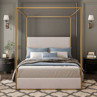 Lit à baldaquin en métal de luxe moderne avec tête de lit tapissier haute en velours côtelé et grand lit à baldaquin, aucun sommier nécessaire