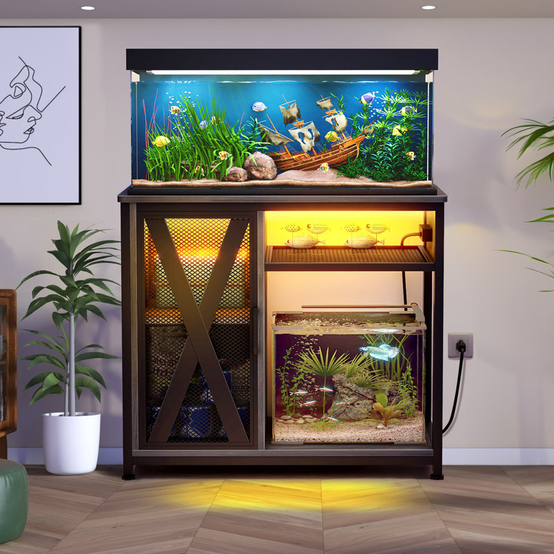 Support d'aquarium rectangulaire Deshayla avec prises de courant et lumière DEL, 50 gallons, Gris
