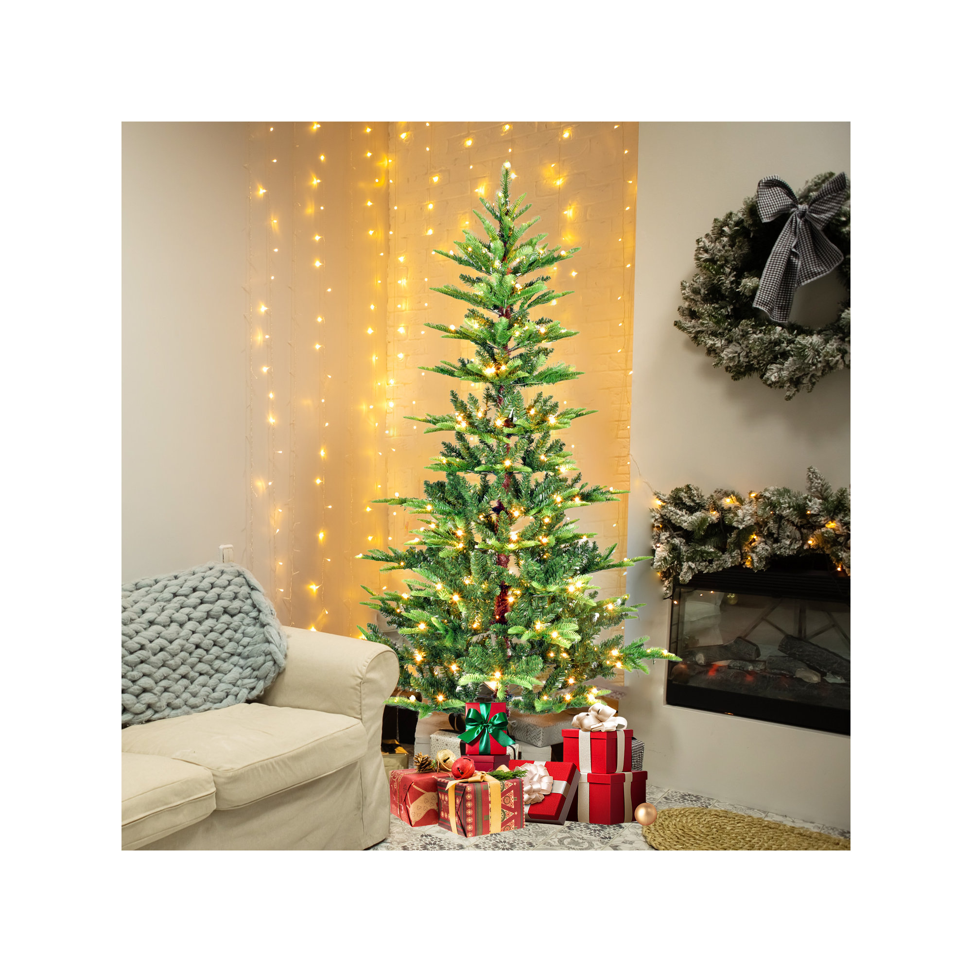 Pre-Lit Green Christmas Tree with PE/PVC Mixed Branches, Lights, Foldable Metal Base, 5'
