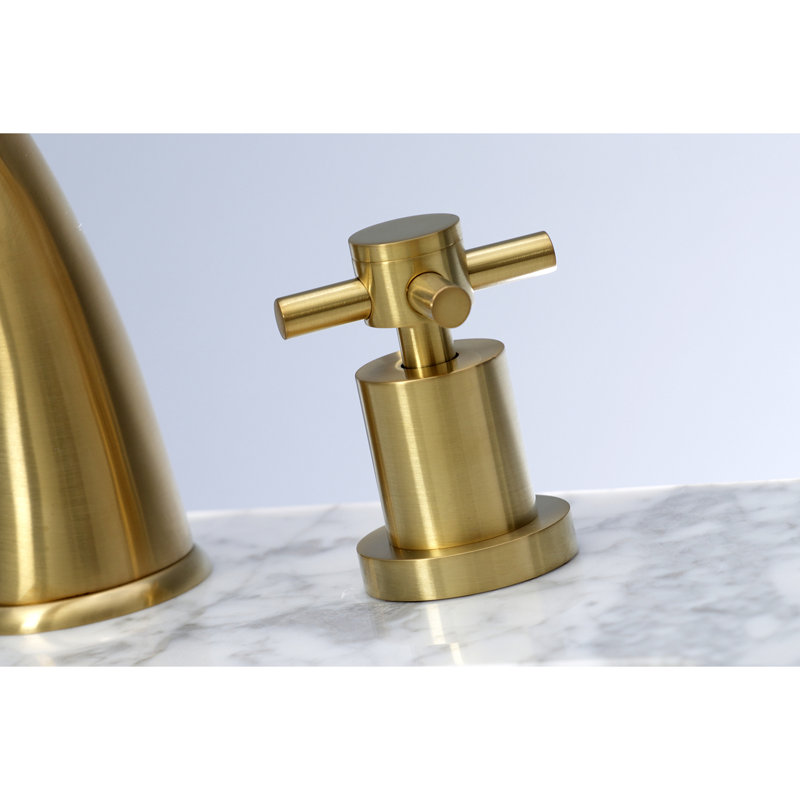 Kingston Brass Concord Two-Handle 3-Hole Deck Mount Widespread Bathroom Faucet with Brass Pop-Up Drain, Satin Brass