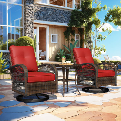 Outdoor Swivel Rocker Bistro Set - 3 Piece Wicker Patio Set With 2 Swivel Rocking Chairs, Cushions, And Tempered Glass Side Table, Perfect For Porch, Garden, Backyard, Poolside