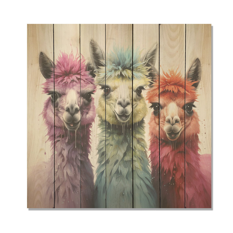 Cheerful Alpaca Family Portrait III - Perroquet sur bois, H 25 po x l 25 po