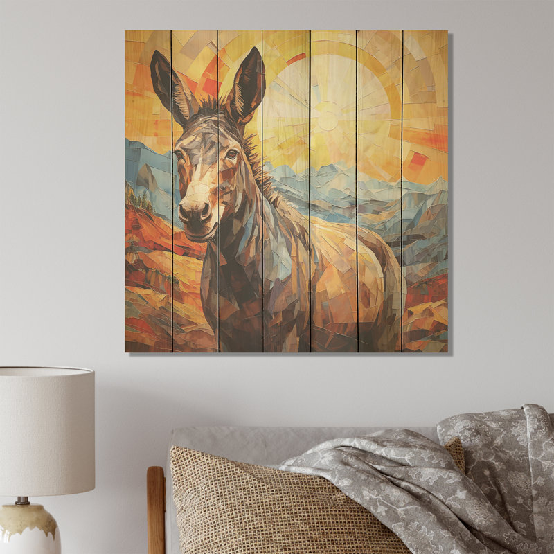 Patchwork Donkey Pastures III - âne sur bois, H 36 po x l 36 po
