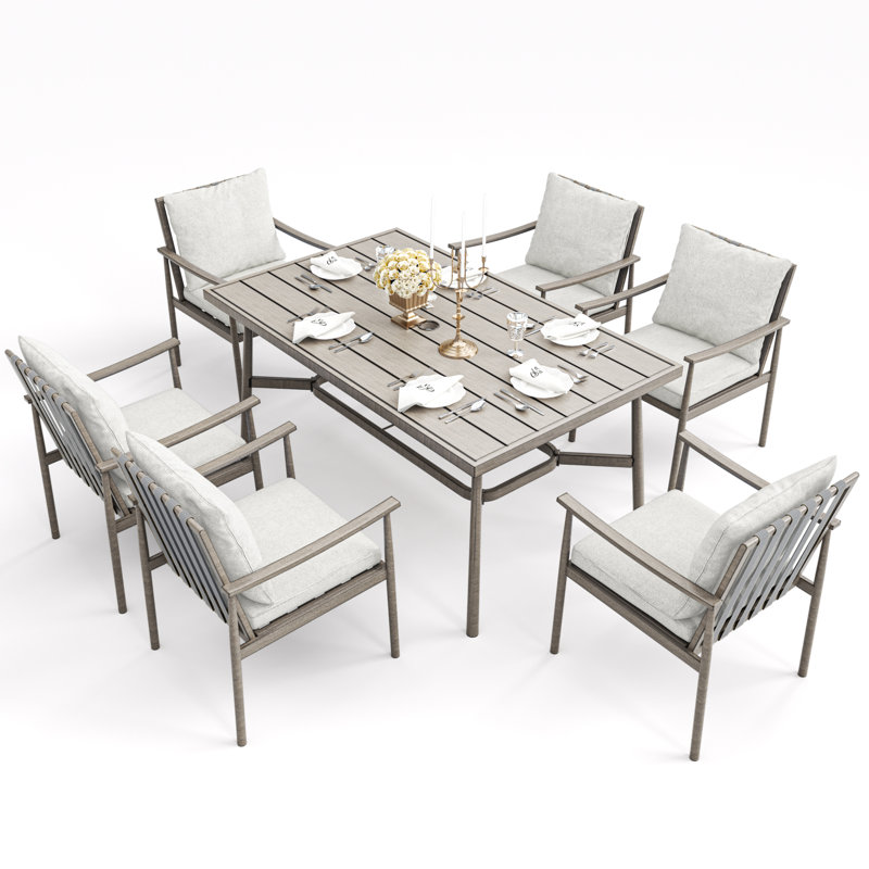 Ensemble de salle à manger d'extérieur 7 pièces pour 6 personnes, table de patio rectangulaire en aluminium avec trou pour parasol