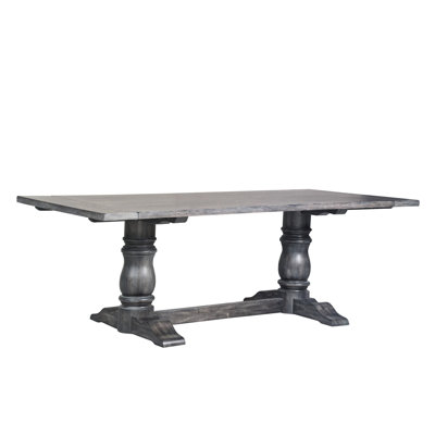 Table de salle à manger rustique de style rustique gris vieilli avec plateau fixe rectangulaire et cadre de fabrication en bois franc de tréteaux épais