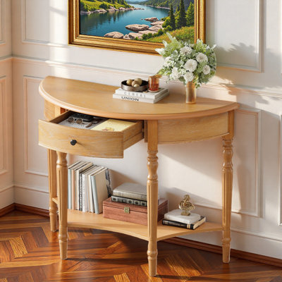 Farmhouse Half Moon Console Table With One Drawer & Storage Shelf