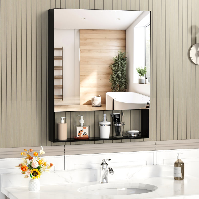 Miroir de rangement pour salle de bain de 30 po de largeur et 24 po de profondeur avec armoire, structure en aluminium, noir, tablettes réglables pour structure d'armoire de toilette, rangement