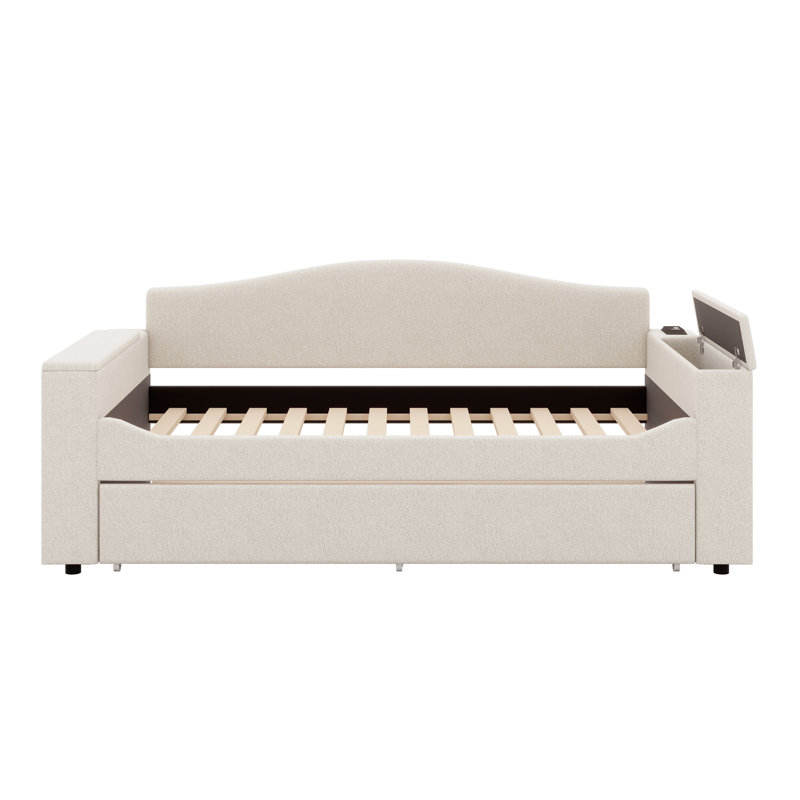 Lit de jour rembourré avec accoudoirs de rangement, lit gigogne et dernier système audio Bluetooth intégré., Beige