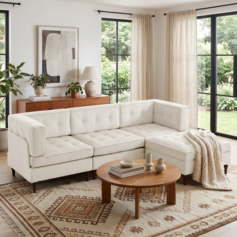 4 - Piece Upholstered Beige Tufted Corduroy Modular Sectional with Pillow Back and Removable Flip-Tray Top Storage Ottoman