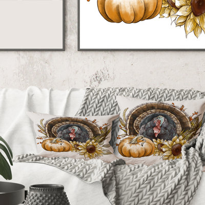 Carré, tournesols de dinde rétro et citrouille - coussin décoratif imprimé campagnard