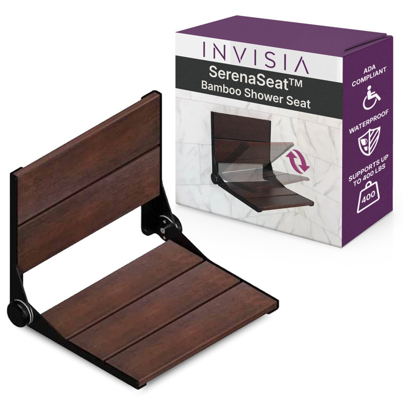 Siège de douche pliant en noyer de bambou moyen invisia, structure en aluminium (capacité de 400 lb), Noir mat