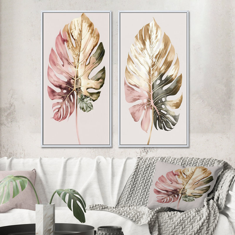 Feuille de philodendron doré et blanc - ensemble de 2 décorations murales - art floral imprimé pour la décoration intérieure