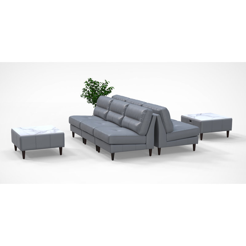 Ensemble de chaises de salle d'attente pour 6 personnes avec tables de chargement, ensemble de 8 pièces, gris 100% cuir véritable