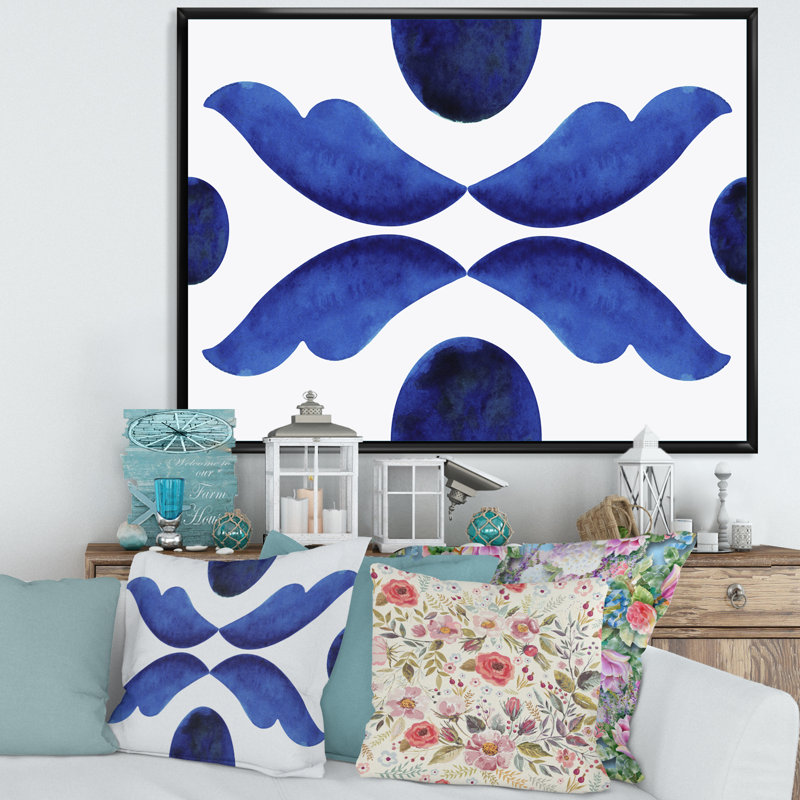 Lunes bleues avec gouttes abstraites - Peinture sur toile, H 12 po x l 20 po, Cadre flottant noir