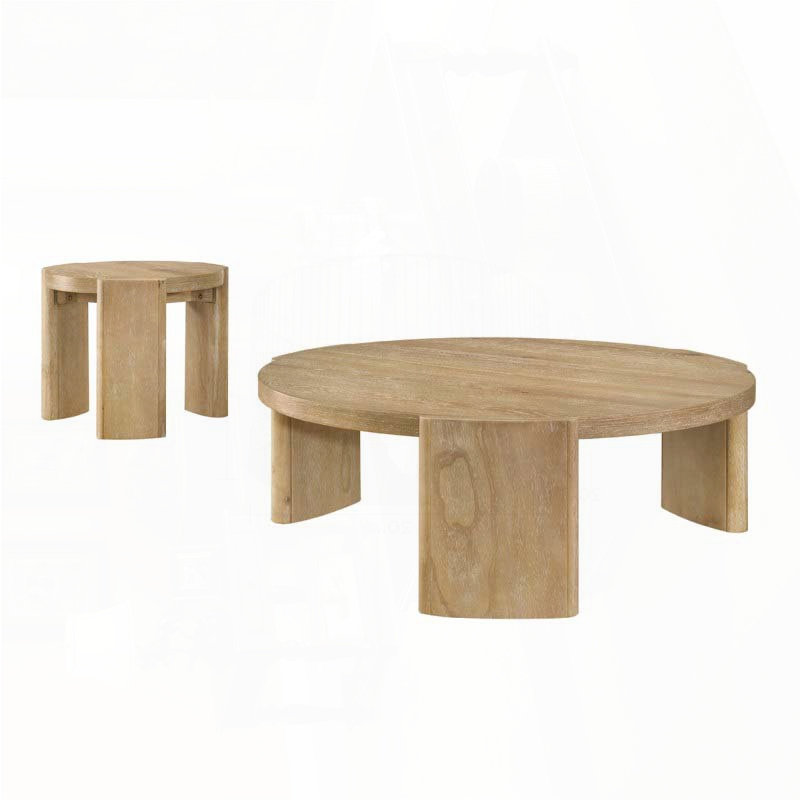 Table basse ronde en bois avec pieds blocs courbés - Finition bois flottant