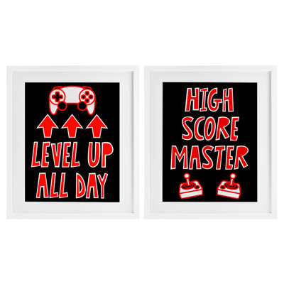 Level Up High Score Gamer 2pc Framed Print Under Glass Set, design by Marcus Prime