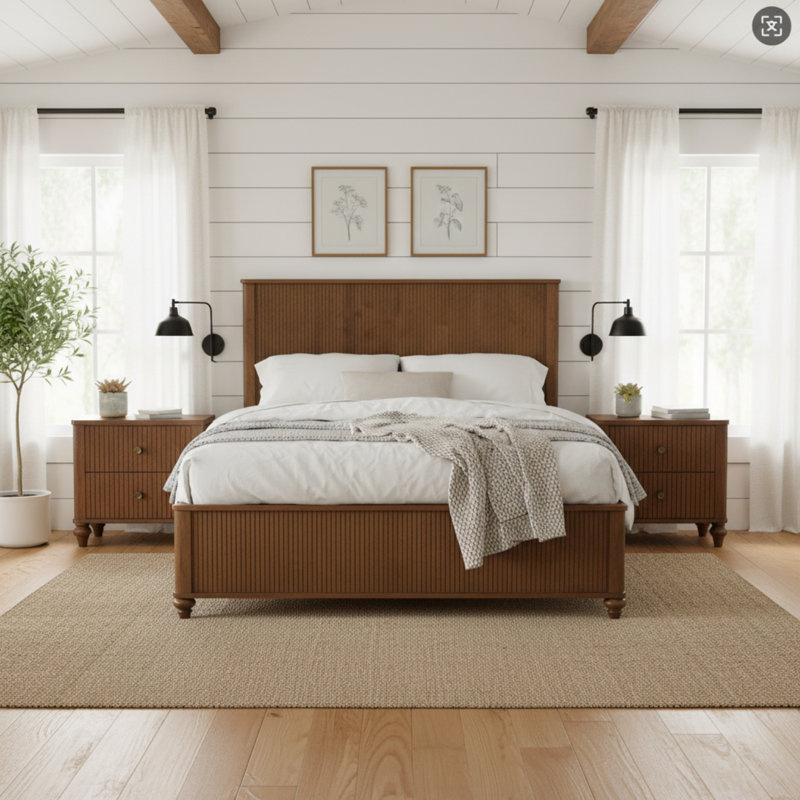 Lit plateforme en bois avec tête de lit et pied de lit Bennett, Noyer, Grand lit