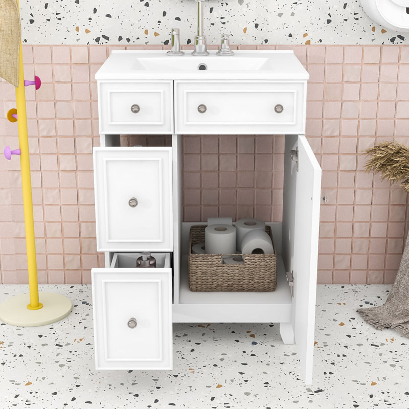 Chic 24-Inch 2 Drawers Bathroom Vanity with Ceramic Sink and Space-Saving Design, White, Silver