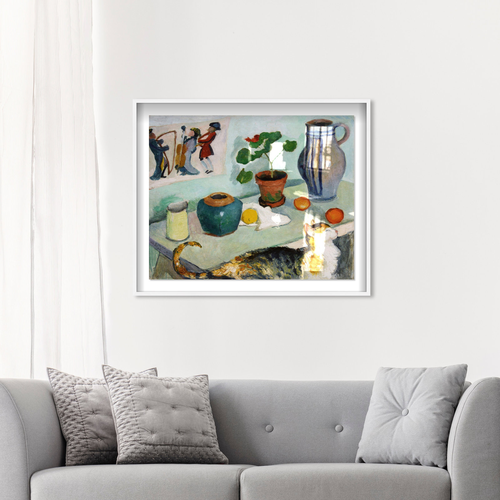 August Mackes Still Life With A Cat Art, White Framed, 37" H x 46" W x 2" D