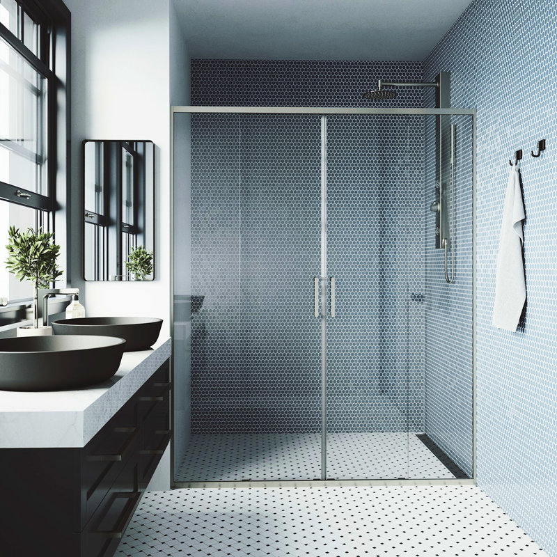 VIGO Paloma 56"–60" W x 74" H Semi-Frameless Double Sliding Shower Door in Brushed Nickel with Clear Tempered Glass, Nickel