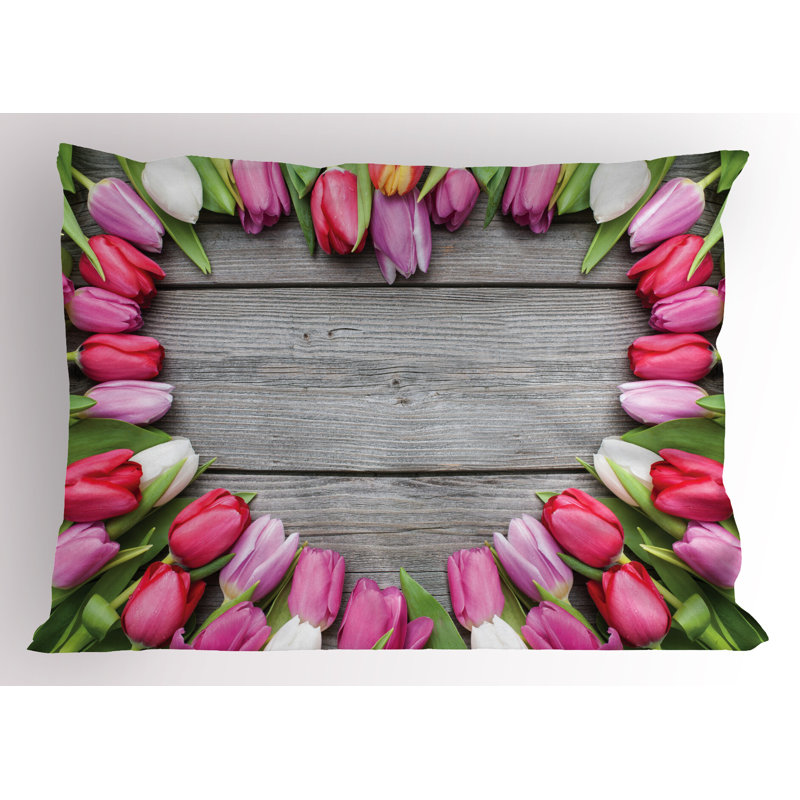 Pink Green Umber Tulip Frame Microfiber Pillow Shams, 2 Pack