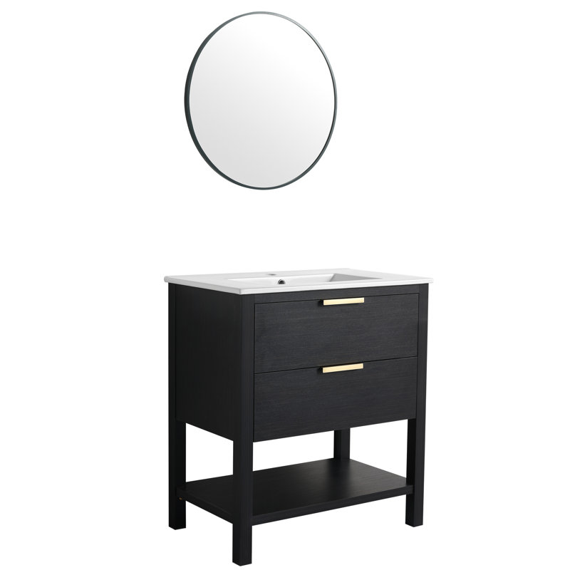 Armoire de meuble-lavabo en contreplaqué 30 po, autoportante avec tablette à 2 tiroirs en châtaignier noir, Noir