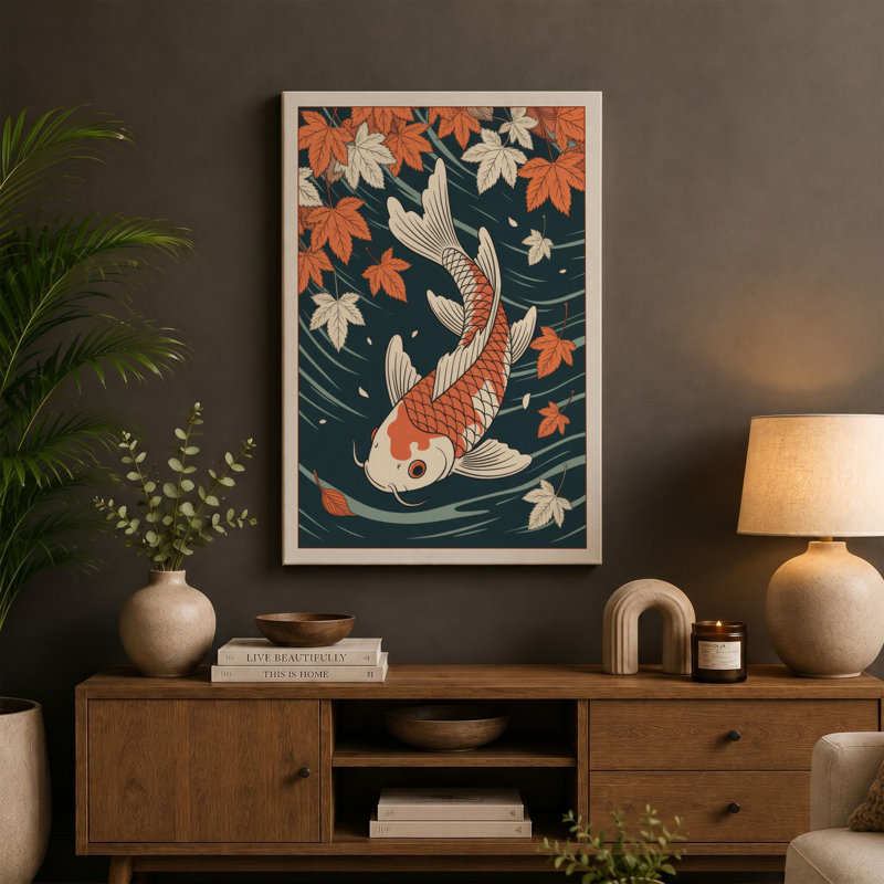 Koi Among Falling Leaves Japandi 1 Piece Wrapped Canvas Wall Art, 36x24 - 91.4 x 61.0 cm, Cream Border