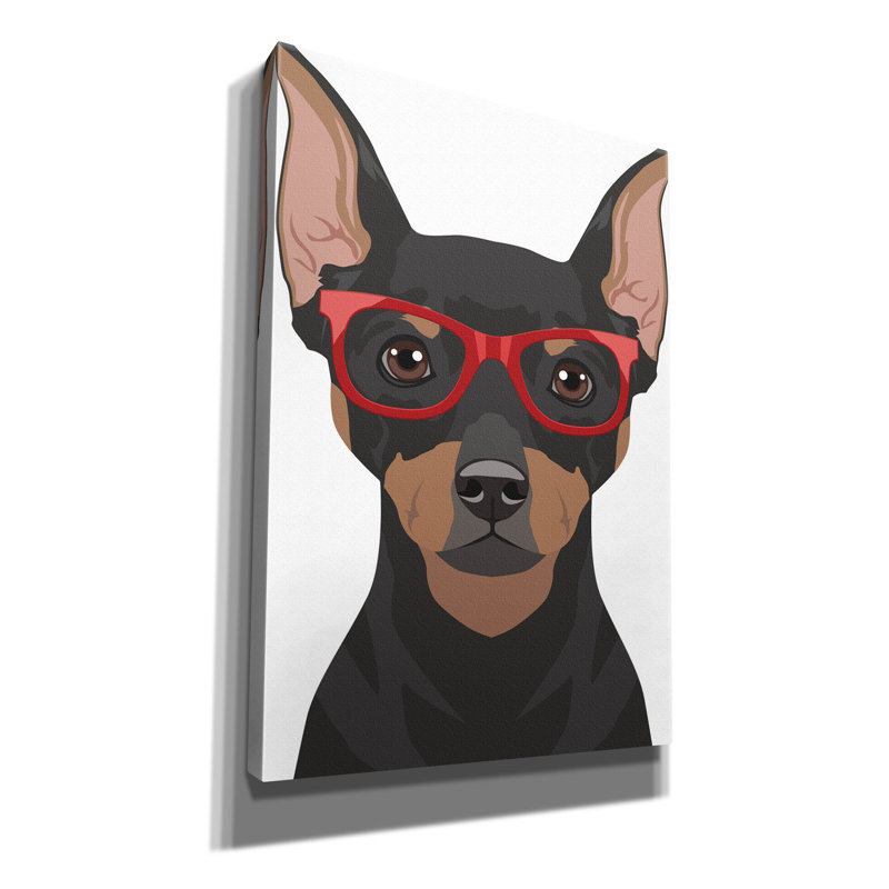 Art mural sur toile miniature Pinscher portant des lunettes de hipster 2 'par Furbaby Affiliates