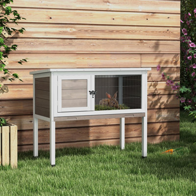 Indoor/outdoor Elevated Cage For Single Rabbit, Brown Wooden, Hinged Asphalt Roof, Removable Tray, Usable Storage Space Underneath, Weather - Shielded