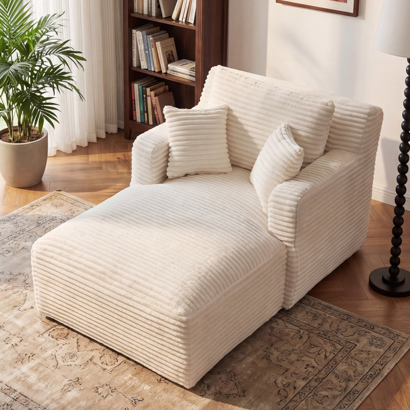 Chaise longue surdimensionnée en velours côtelé à compression sans os avec coussins et accoudoirs moelleux, Beige