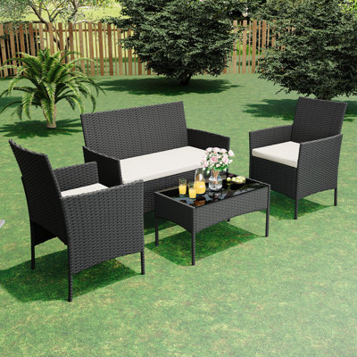 Required 4-Piece Outdoor Bar Set, PE Rattan Conversation Set with Cushioned Loveseat, Chairs & Glass Table