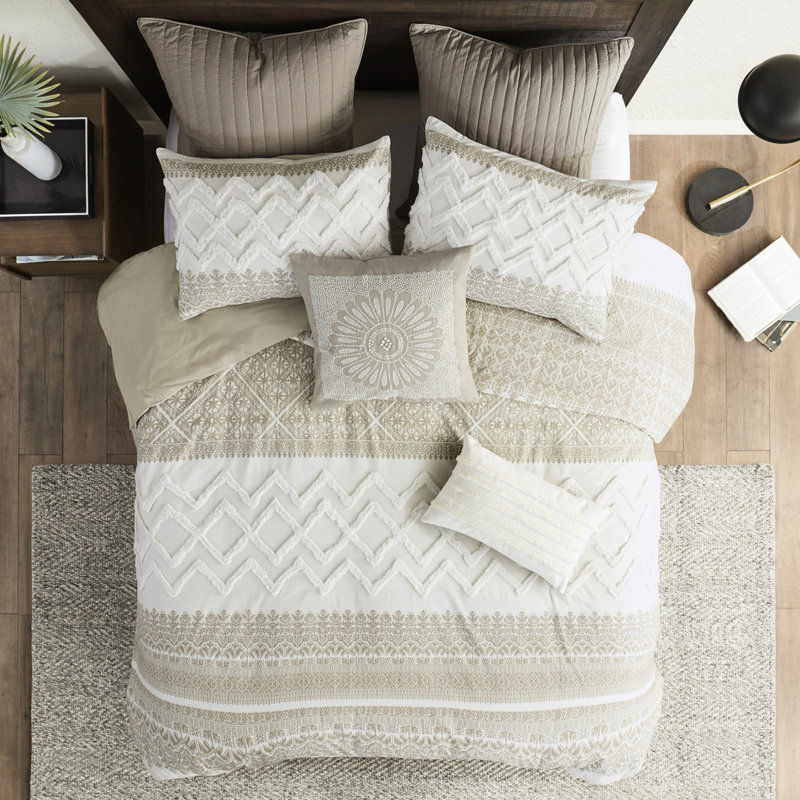 Housse de couette en coton 3 pièces double / grand, capitonnage en chenille, doux au toucher, design, envers taupe, literie lavable double / grand avec style classique, imprimé, réversible, fermeture à boutons,