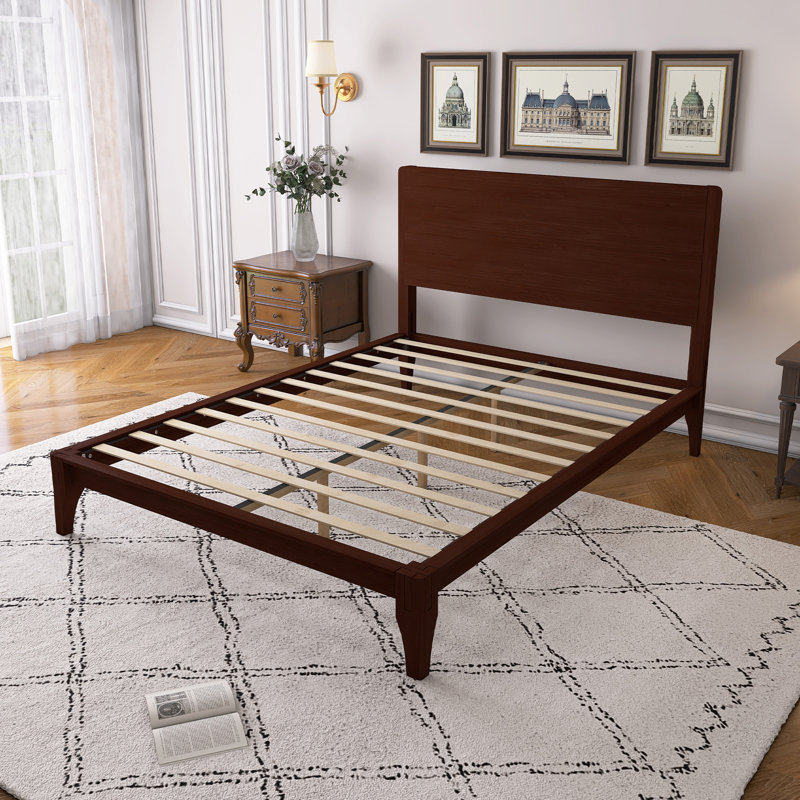 Lit plateforme Mid-Century en bois avec support en lattes de bois, Chocolat, Double