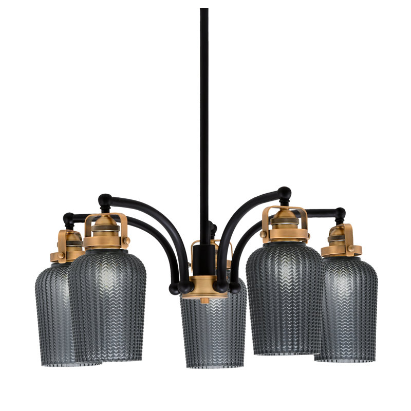 Lustre avec 5 lumières Easton, Verre texturé fumé, Noir mat / laiton