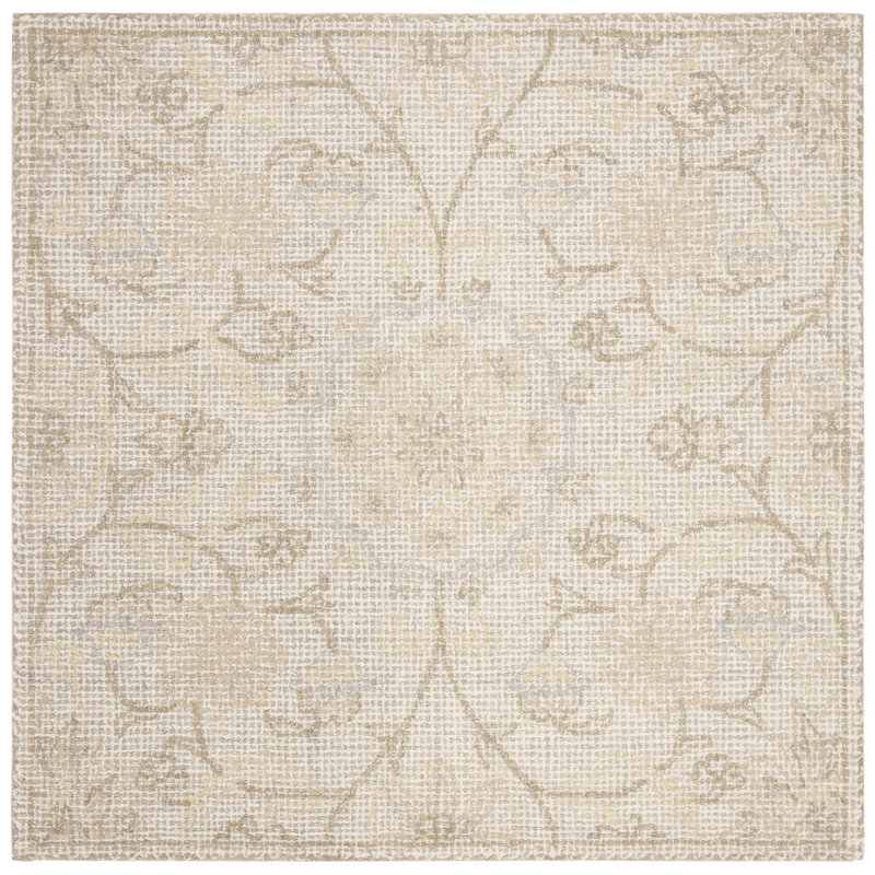 Tapis gris clair / ivoire en laine touffeté à la main à motif floral Sulema, Carré 6 pi