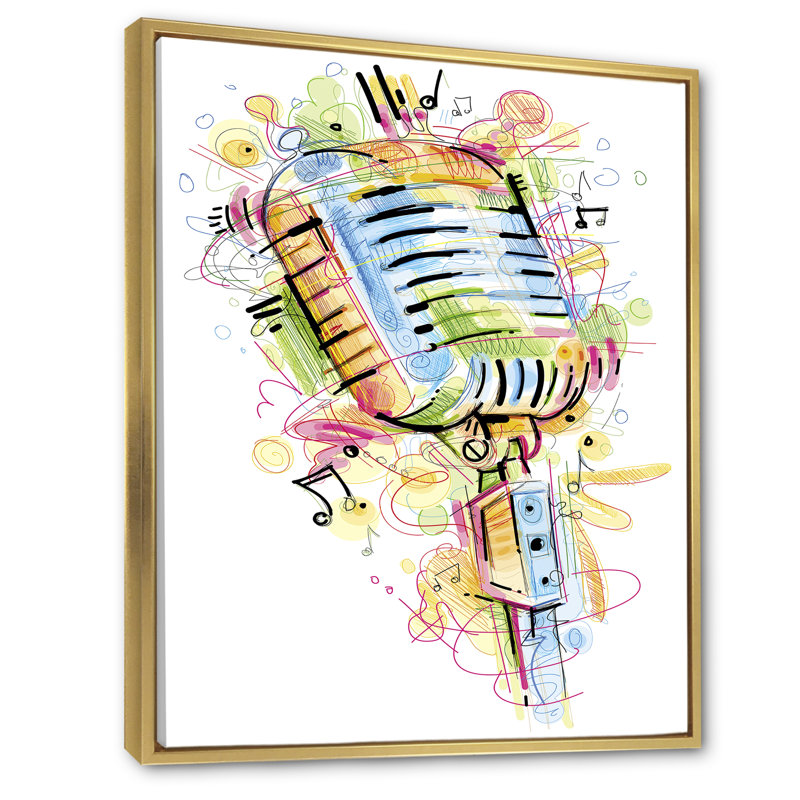 Microphone musical, dessin abstrait - peinture, H 20 po x l 12 po x P 1 po, Cadre flottant doré
