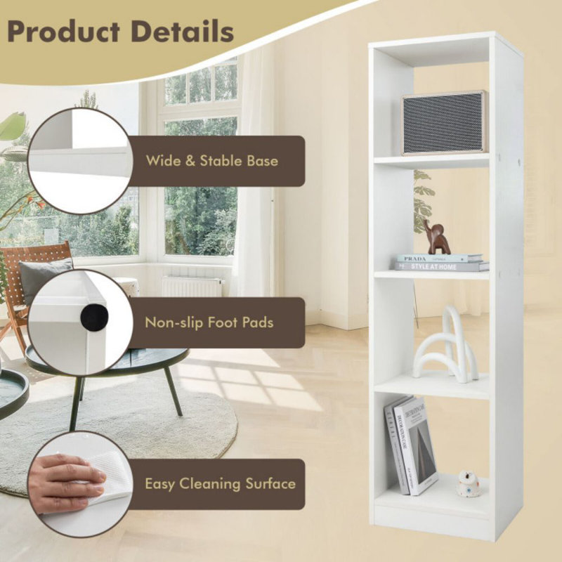 5 Tiers 4-Cube Narrow Bookshelf With 4 Anti-Tipping Kits