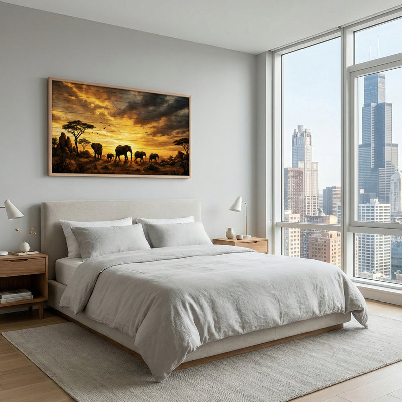 Tableau encadré « Coucher de soleil sur un éléphant » (1 pièce), 122 x 61 cm, 48 x 24 pouces