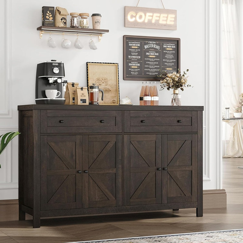 Buffet Modern Farmhouse, armoire à café avec tiroirs, tablettes et portes de grange coulissantes - brun foncé