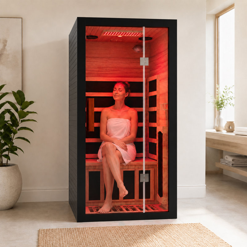 Duthss 1 Person Infrared Sauna for Home, 1700W Fast Heating Full Spectrum Sauna with Red Light Therapy, 7 Heaters (5 Carbon Panels & 2 Red Light Tubes), WiFi App Control, Indoor Spruce Wood Dry Spa, 35.4" x 35.4"x 70.86"