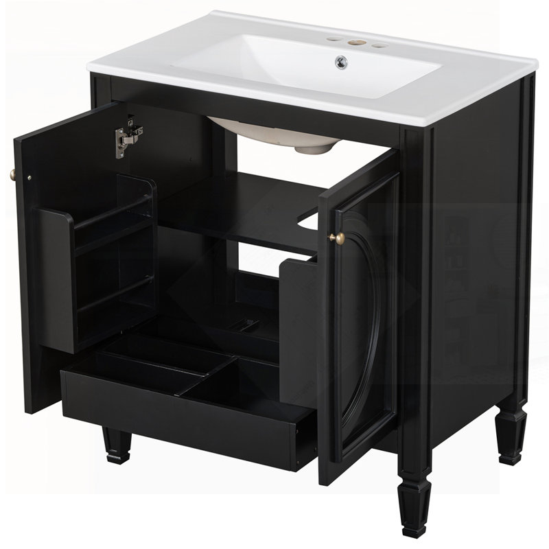 Meuble-lavabo de salle de bain avec double vasque en céramique, portes à fermeture en douceur, tiroir de rangement et tablette noire pour un rangement élégant