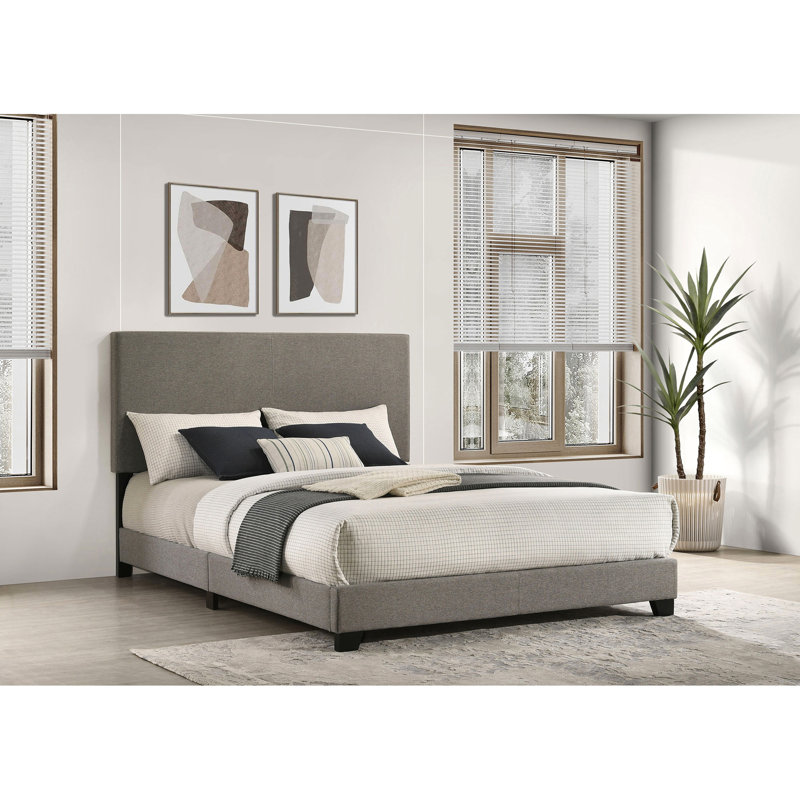Queen Panel Bed Upholstered In Taupe Fabric, Padded Headboard, Rubberwood And Engineered Wood For Bedroom Centerpiece With Construction, Black Solid Legs