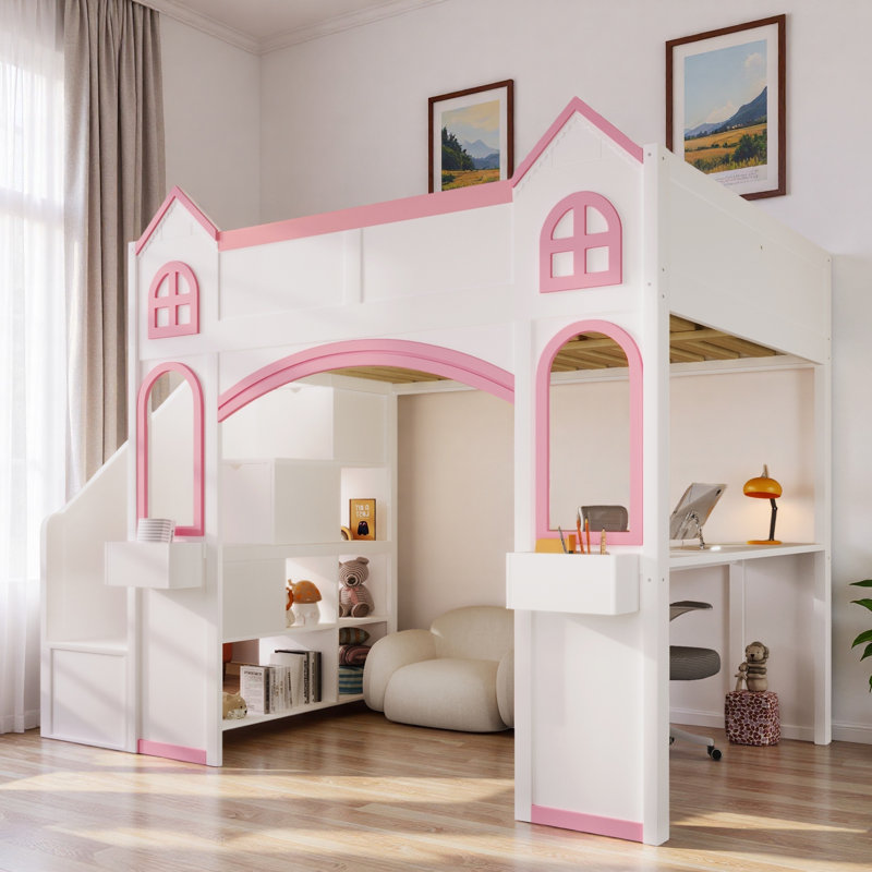 Lit mezzanine en bois avec escalier de rangement, bureau, tablettes et éclairage à DEL Wood Castle, White/Pink
